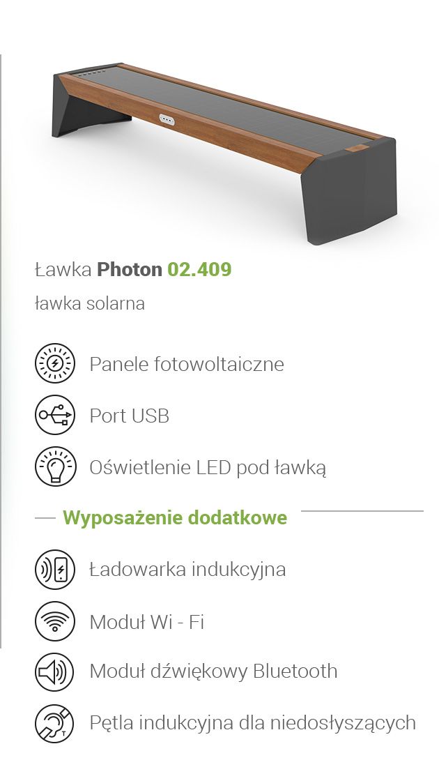 Solarna ławka miejska Photon Ławka miejska zasilana panelami fotowoltaicznymi z dodatkowymi multimediami