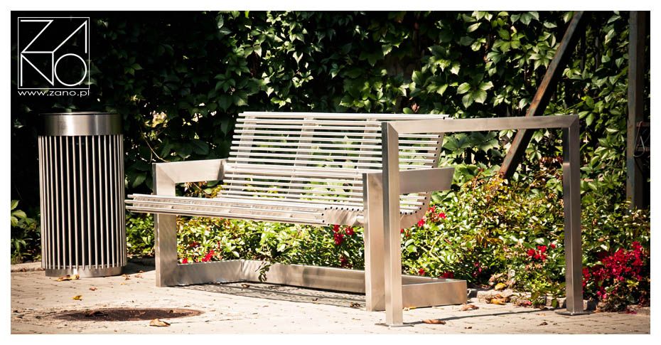 Stainless steel modern line of ZANo street furniture- bench and litter bin
