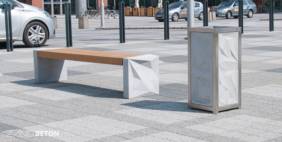 Concrete bench and litterbin trigono by ZANO Street Furniture