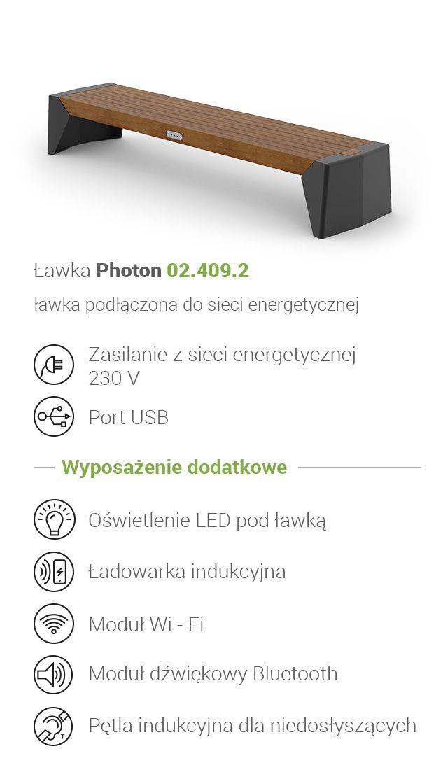 Ławka miejska Photon 02.409.2 Ławka miejska multimedialna zasilana z sieci energetycznej 230 V