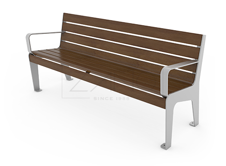 Stylowa ławka miejska dla seniora z stali nierdzewnej i drewna, z oparciem i podłokietnikami