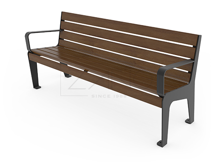 Stylowa ławka miejska dla seniora z stali węglowej i drewna, z oparciem i podłokietnikami