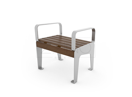 Siedzisko parkowe z podłokietnikami wykonane z stali nierdzewnej i drewna świerkowego lakierowanego na kolor Orzech