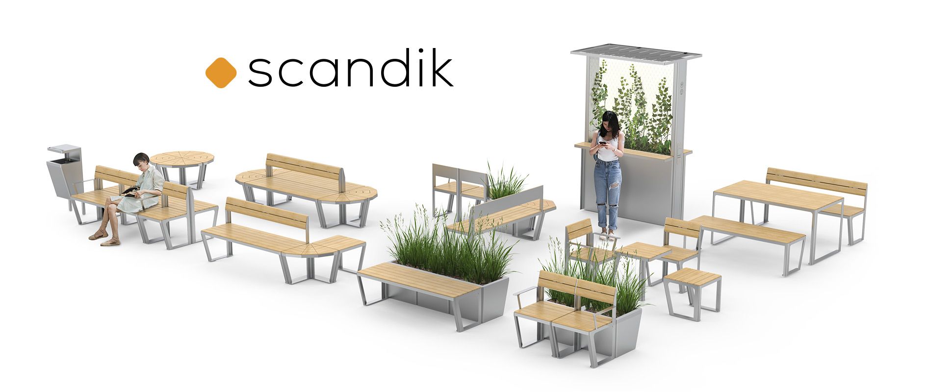 Linia mebli miejskich Scandik Meble miejskie Scandik: ławki, donice, kosze na śmieci, staja solarna