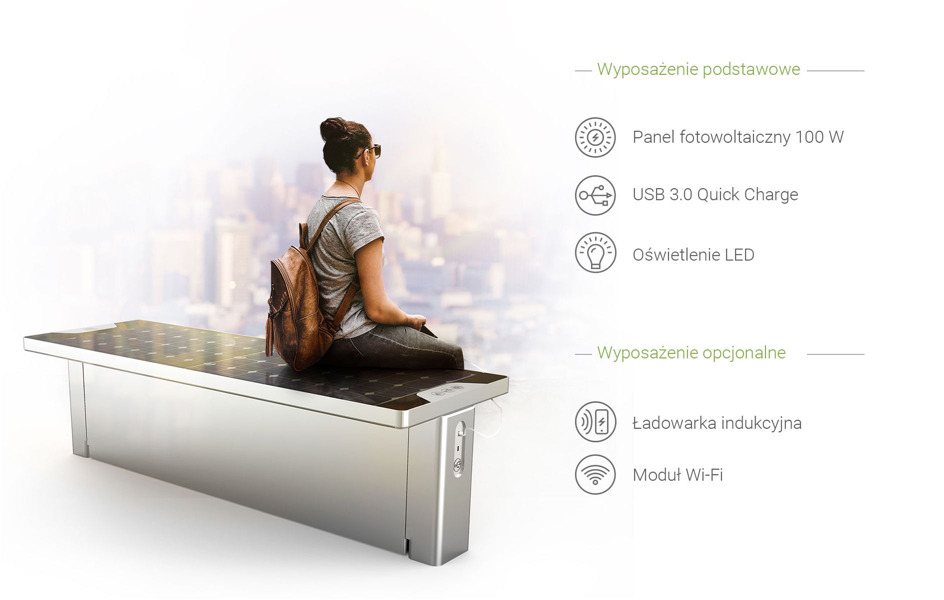 Wyposażenie ławki solarnej Scandik Panel fotowoltaiczny, USB 3.0 Quick charge, oświetlenie LED, ładowarka indukcyjna, moduł Wi-Fi