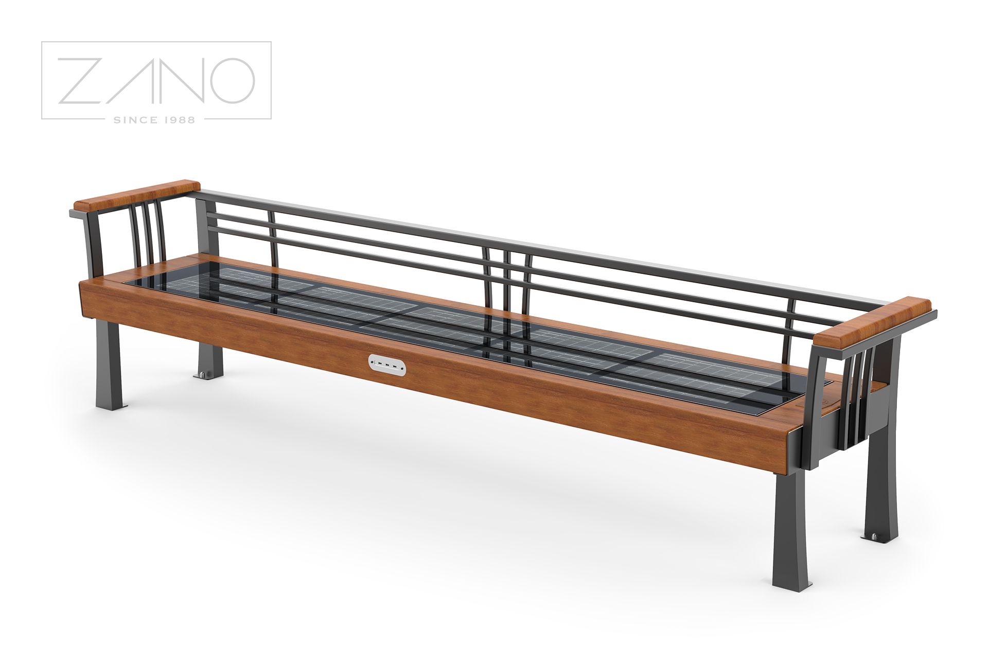 Solid and durable outdoor bench with photovoltaic panels made of steel and hardwood