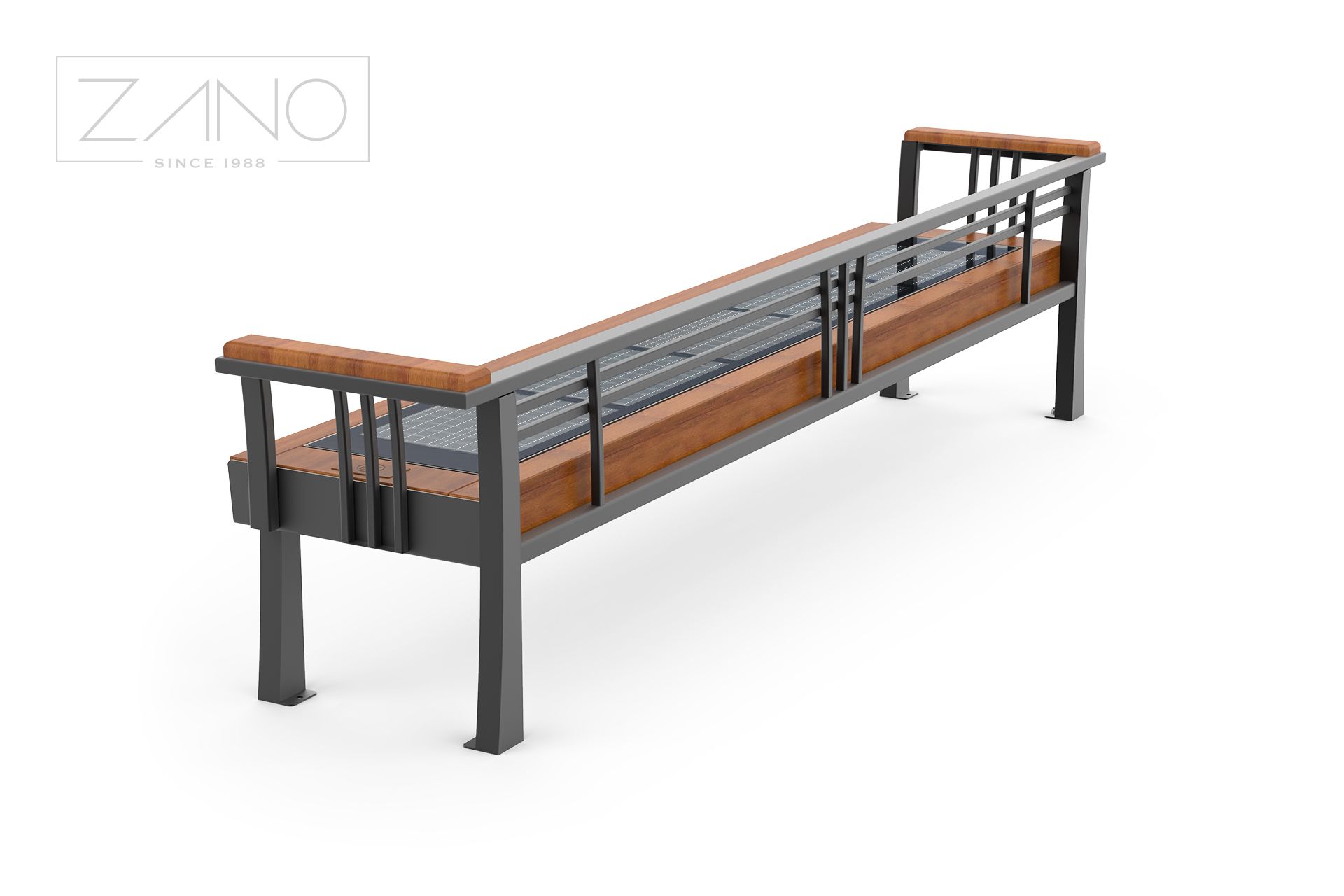 Solar bench Szczepańska made of painted carbon steel with hardwood