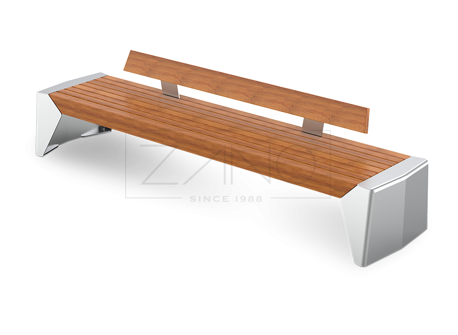 Heavy, modern, outdoor bench made of stainless steel and wood
