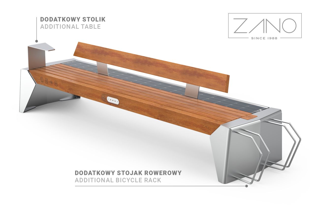 Ławka solarna Photon 02.009.3 | dodatkowy stolik i stojak rowerowy