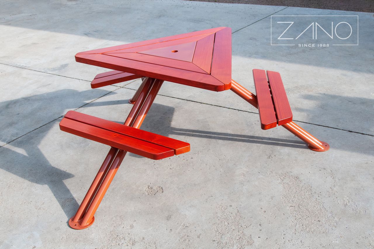 Steel picnic table with wooden top and wooden benches