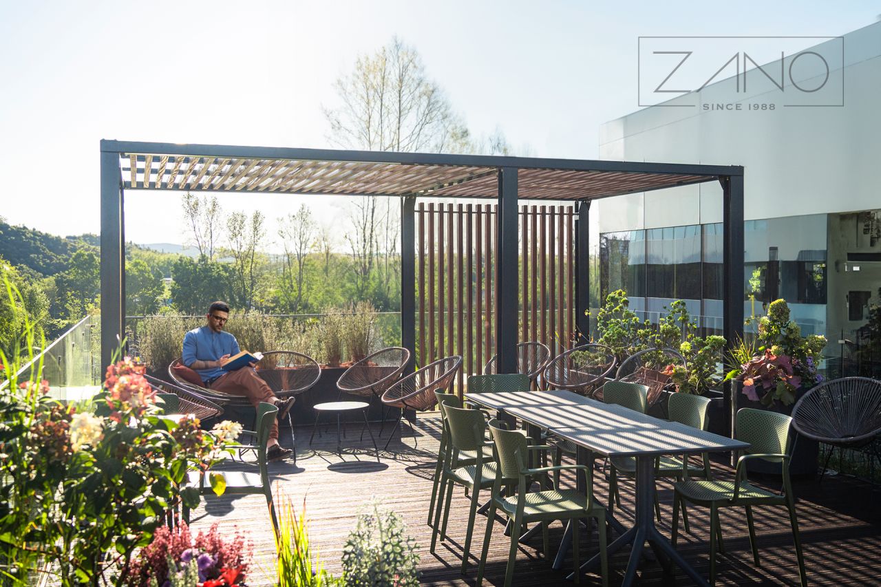 Outdoor steel pergola with wooden elements