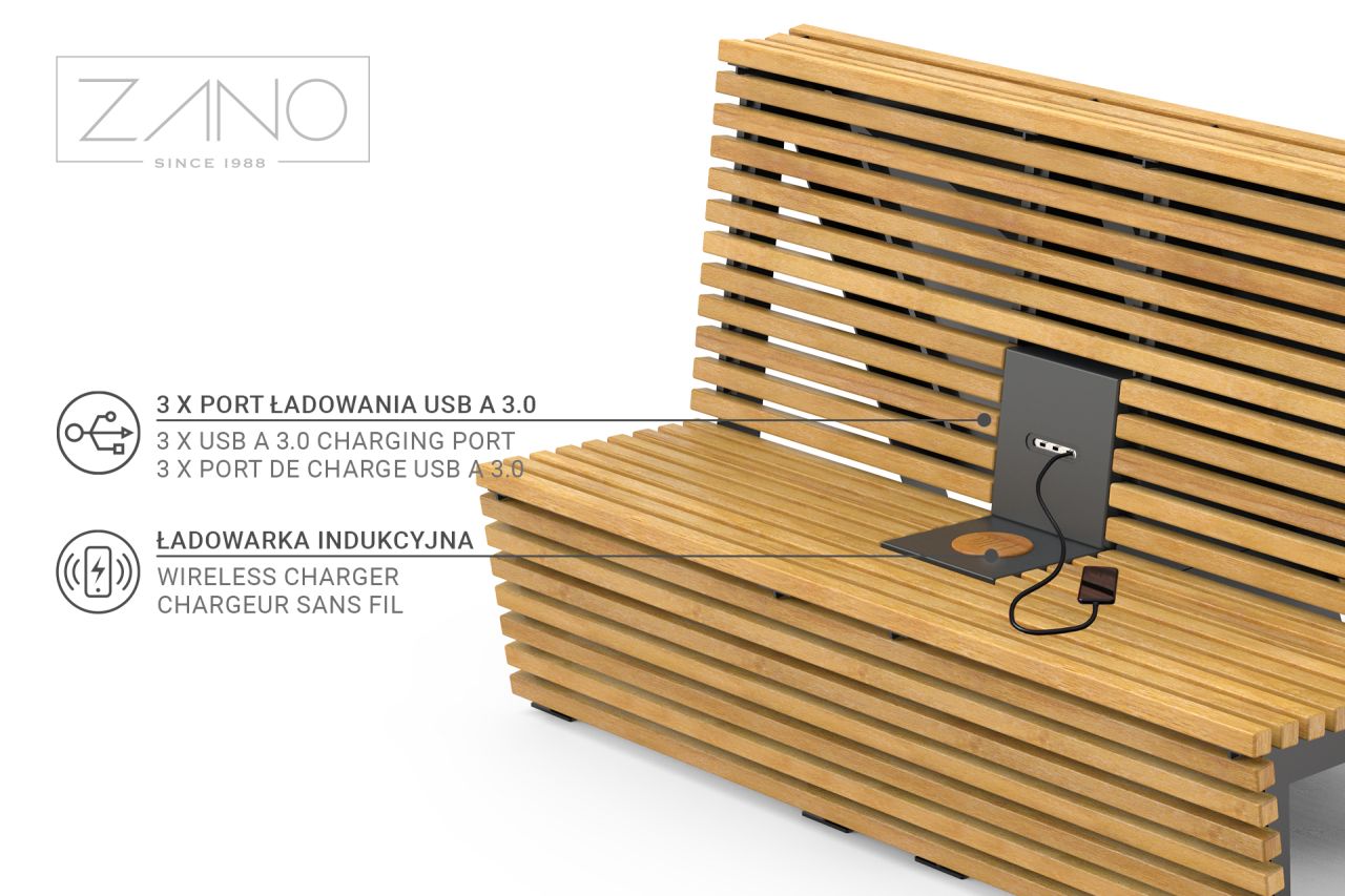 Ławka solarna z funkcją portów ładowania USB i ładowarką bezprzewodową.