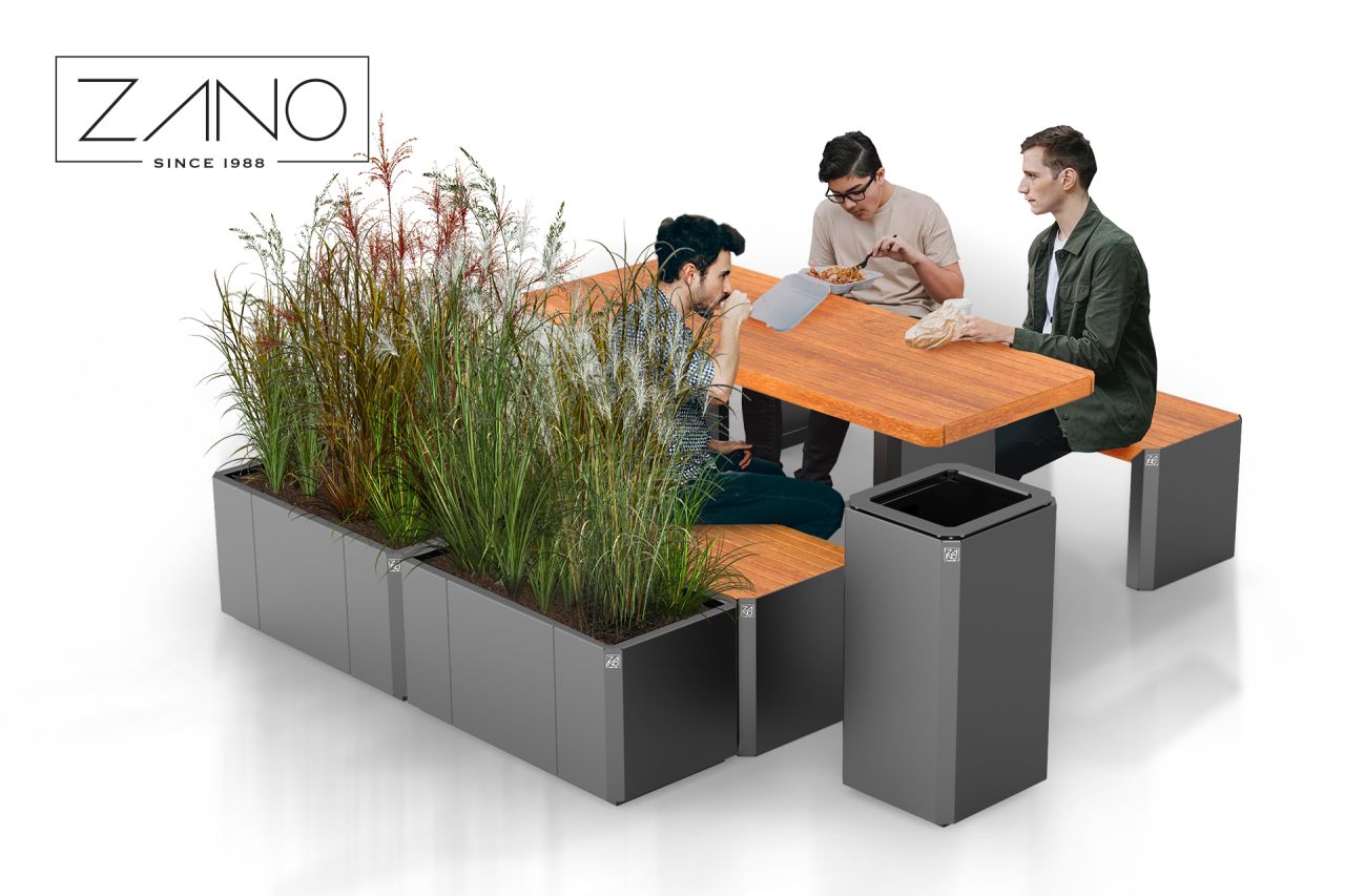 Stilo series table with benches, planters and waste basket