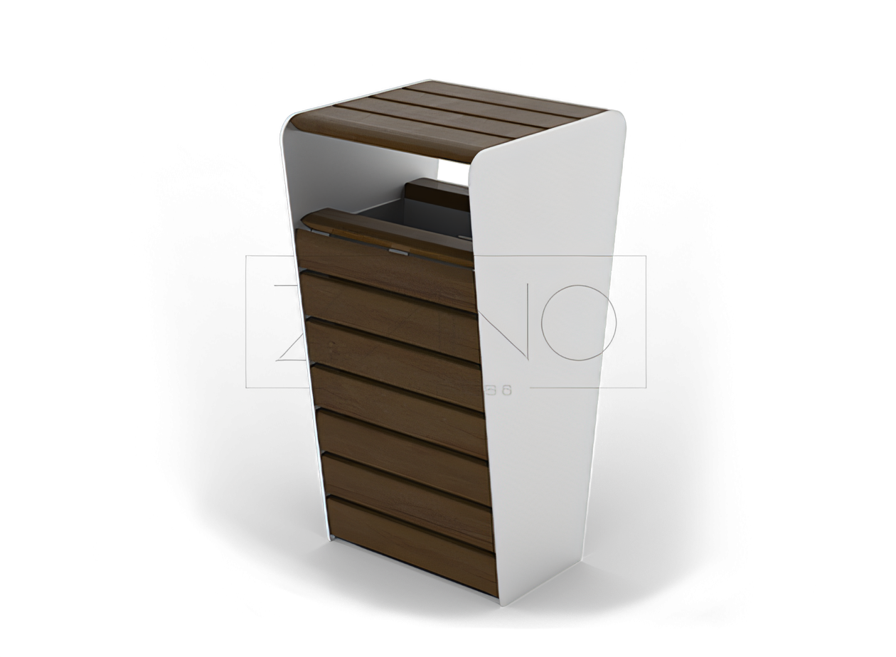 Kosz miejski Soft z daszkiem, unikalny dizajn, zbudowany z stali nierdzewnej oraz drewna świerkowego