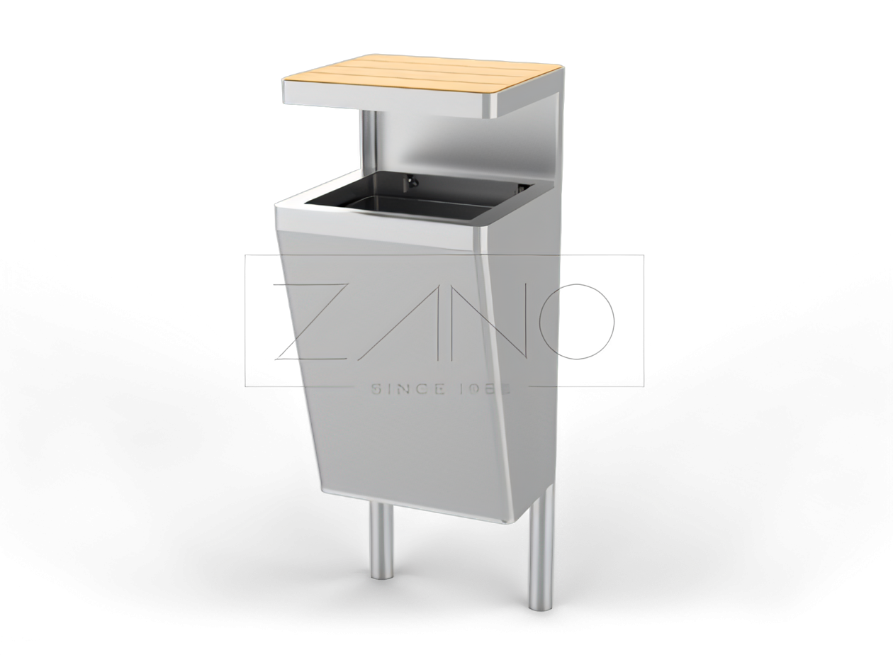Kosz miejski z zadaszeniem wykonany ze stali nierdzenwje oraz drewna. Stylowy, modny, nowoczesny design