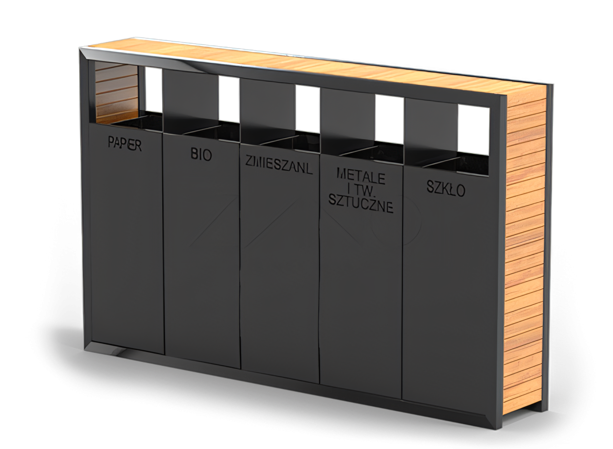 Kosz recyklingowu Pavo, podział na: plastik, metal, papier, bio, odpady zmieszane Kosz recyklingowu Pavo, podział na: plastik, metal, papier, bio, odpady zmieszane