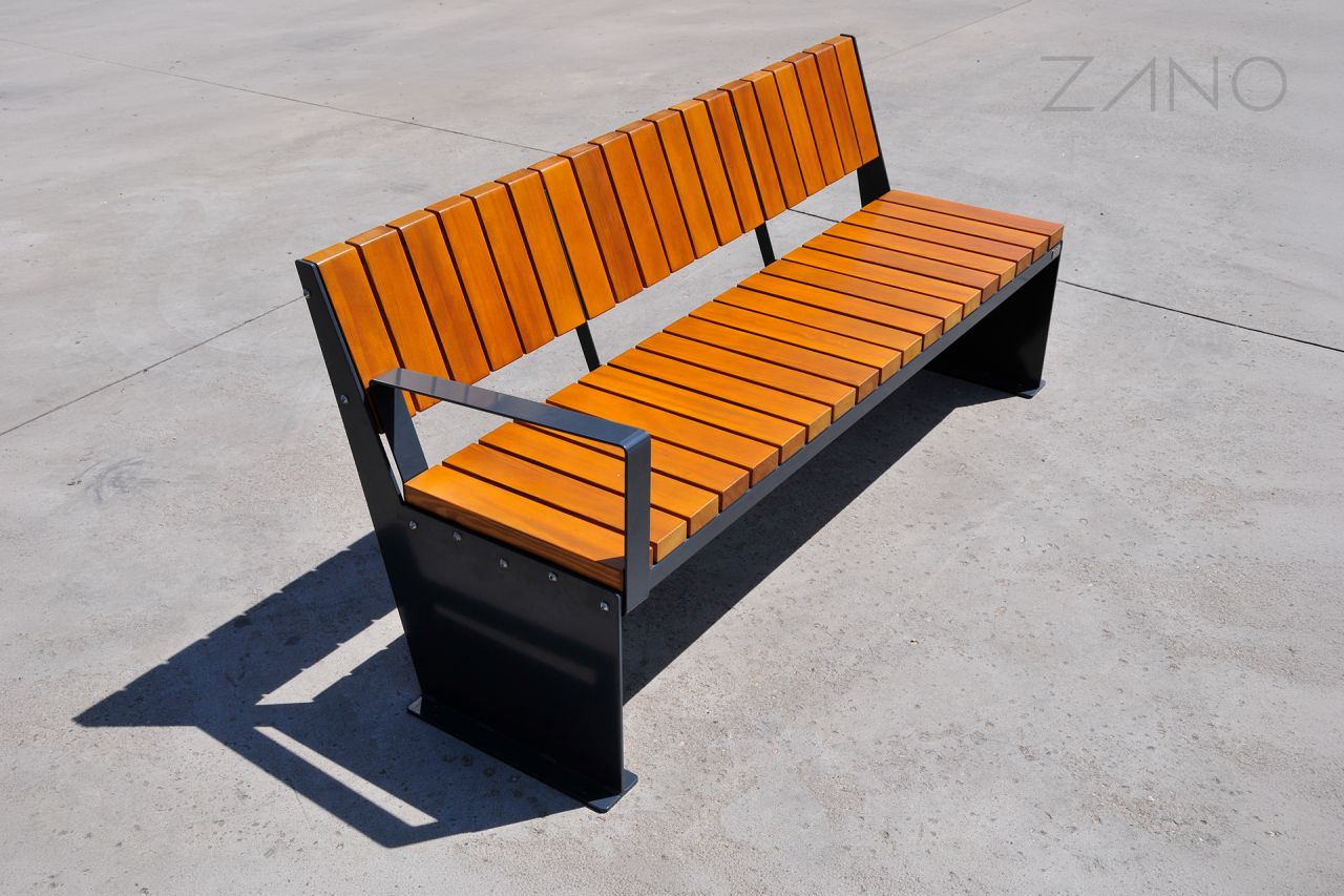 Steel city bench with backrest and armrest