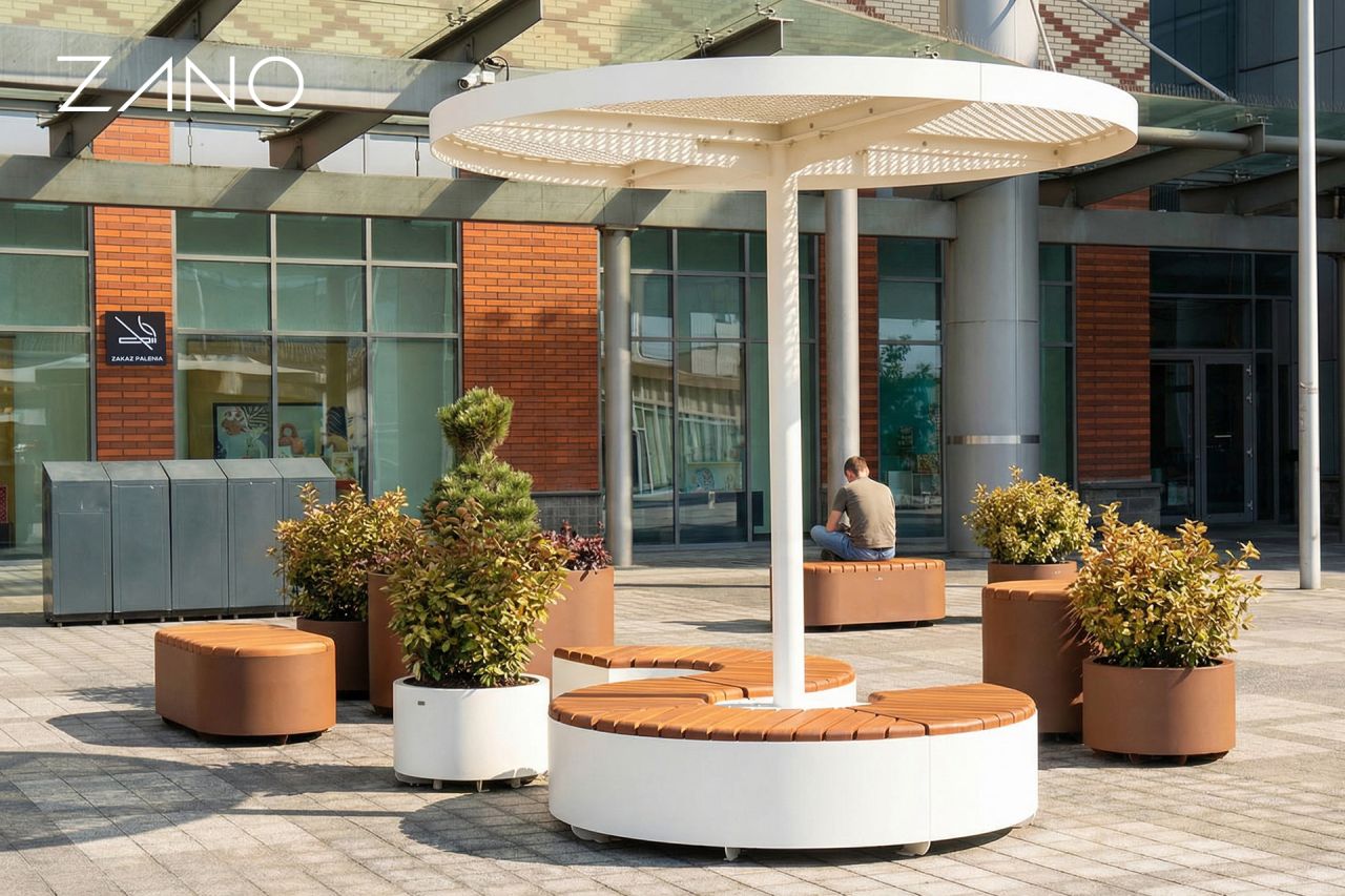 Large round bench with steel and wood canopy
