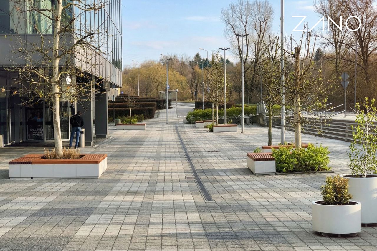 donica zewnętrzna stalowa okrągła i ławki modułowe