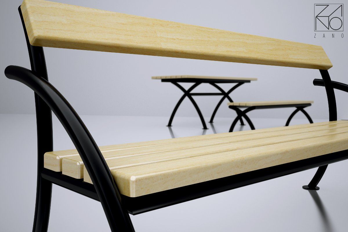 Modern waste bins and benches made of steel nad wood
