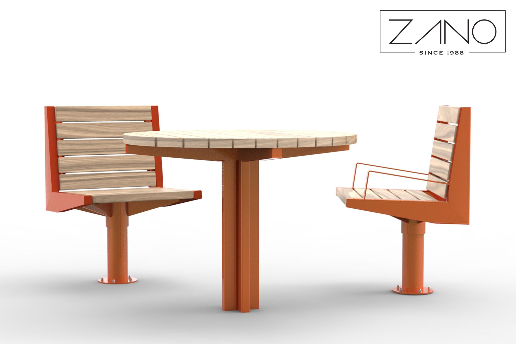 Nowoczesne meble miejskie, siedziska i stół ze stali i drewna