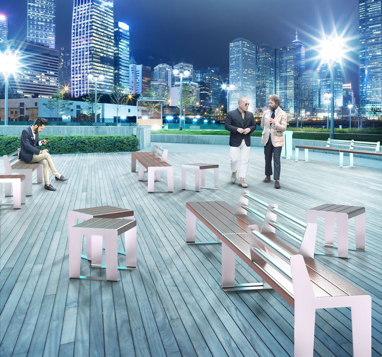 Mobiliario urbano de serie Reliq, hecho de acero y madera
