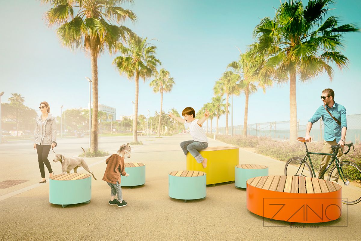 Photo of round bench in city space. Bench made of stainless steel and wood.