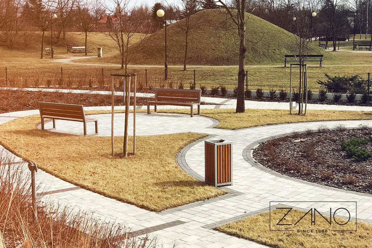Litter bin with ashtray and modern bench without back made of stainless steel