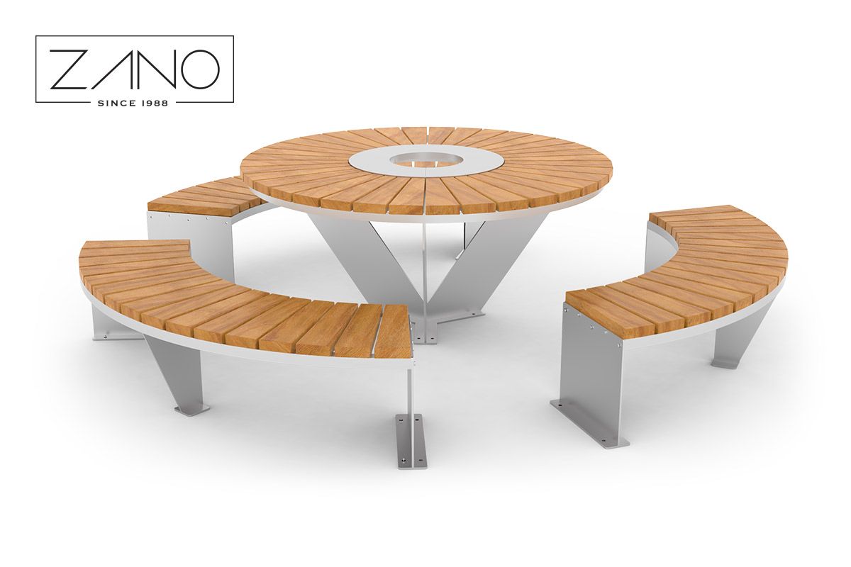 Zest: stół miejski Domino i trzy ławki Domino 90 wykonane z stali nierdzewnej i lakierowanego drewna świerkowego