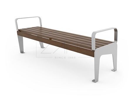 Ławka parkowa z podłokietnikami wykonana w stali nierdzewnej i drewnie świerkowym lakierowanym na kolor Orzech