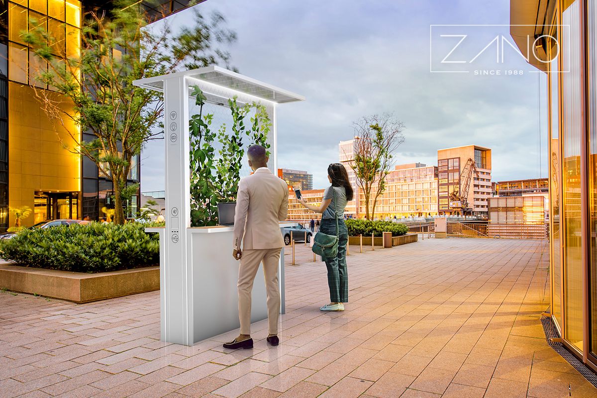 Przestrzeń biurowa i stacje do ładowania urządzeń mobilnych zasilane panelami fotowoltaicznymi