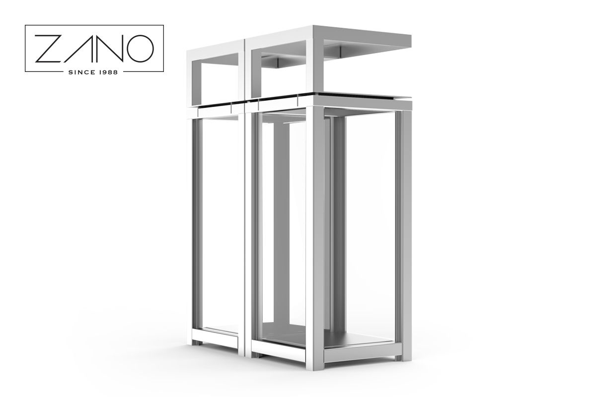 Two-chamber recycling bin made of stainless steel and transparent plexiglass