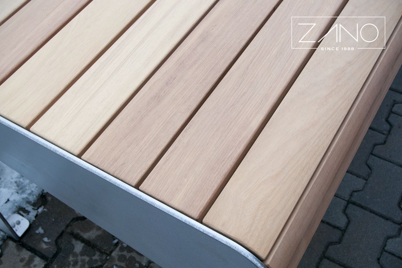 Street furniture tables made of hardwood and steel