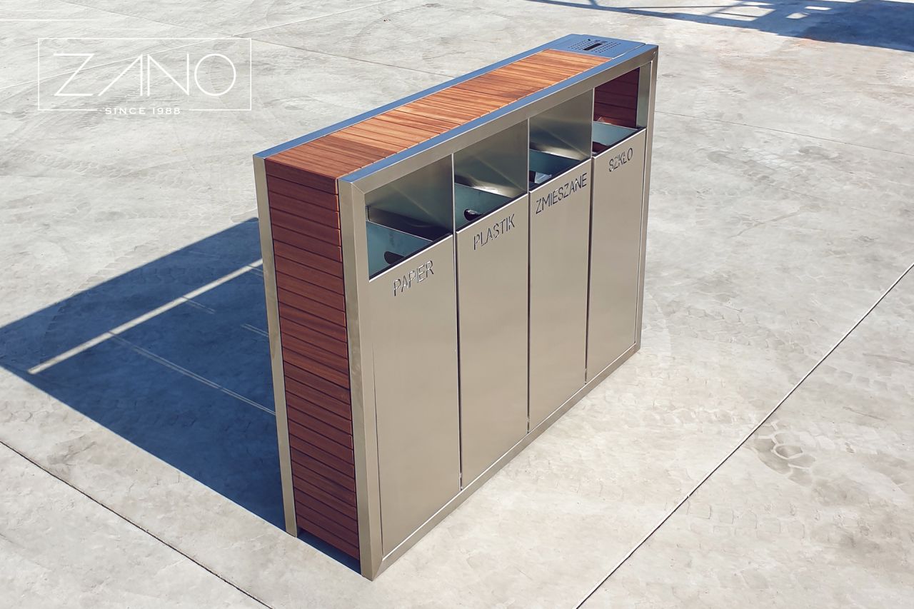 Recycling bin made of stainless steel and hardwood