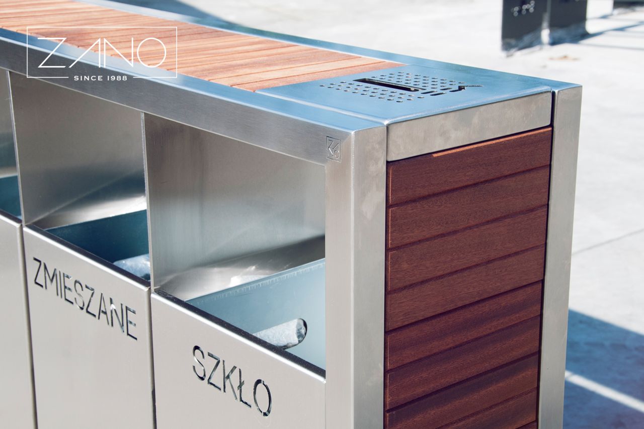 Outdoor recycling bin with ashtray