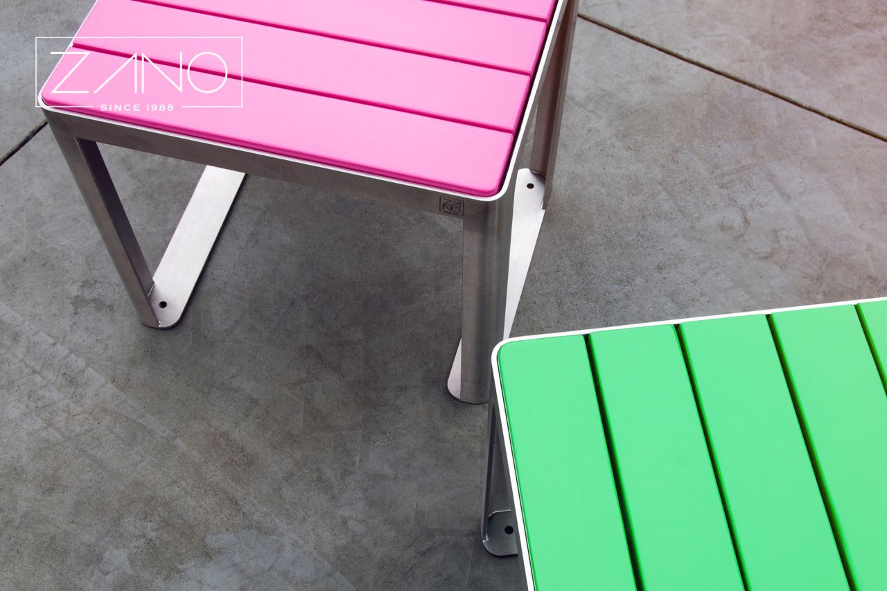 Stainless steel bench with painted wood