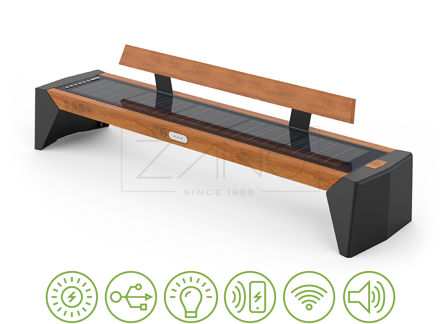 Ławka Photon ze stali węglowej zasilana panelami słonecznymi | Ładowanie urządzeń mobilnych