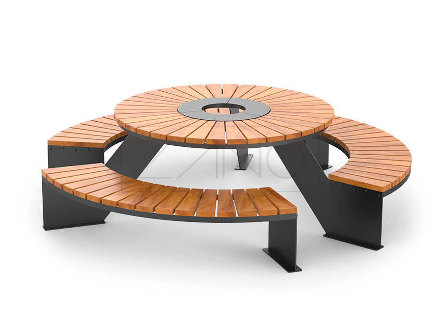 Stół parkowy z trzema zintegrowanymi ławkami wykonany z stali konstrukcyjnej, malowanej i drewna egzotycznego
