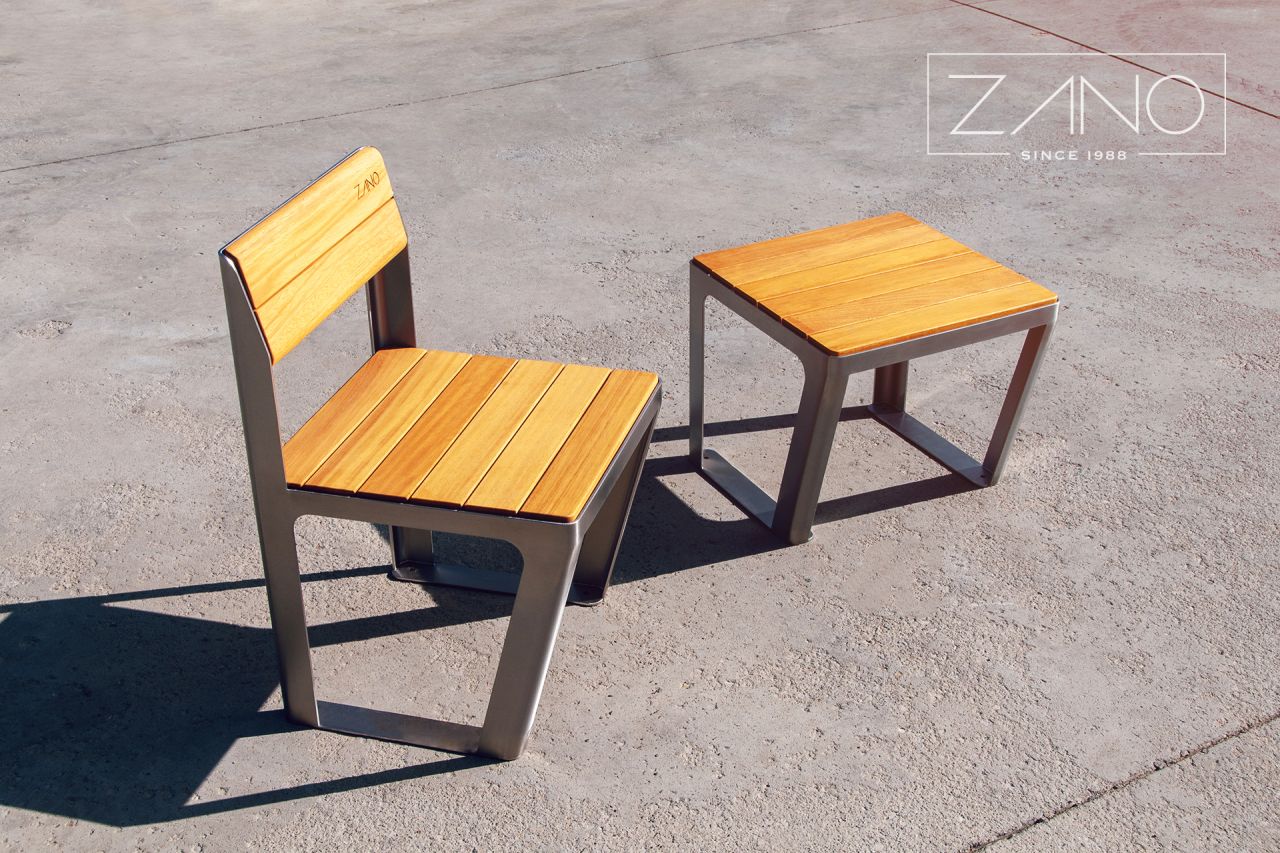 Armchair and seat made of stainless steel and hardwood