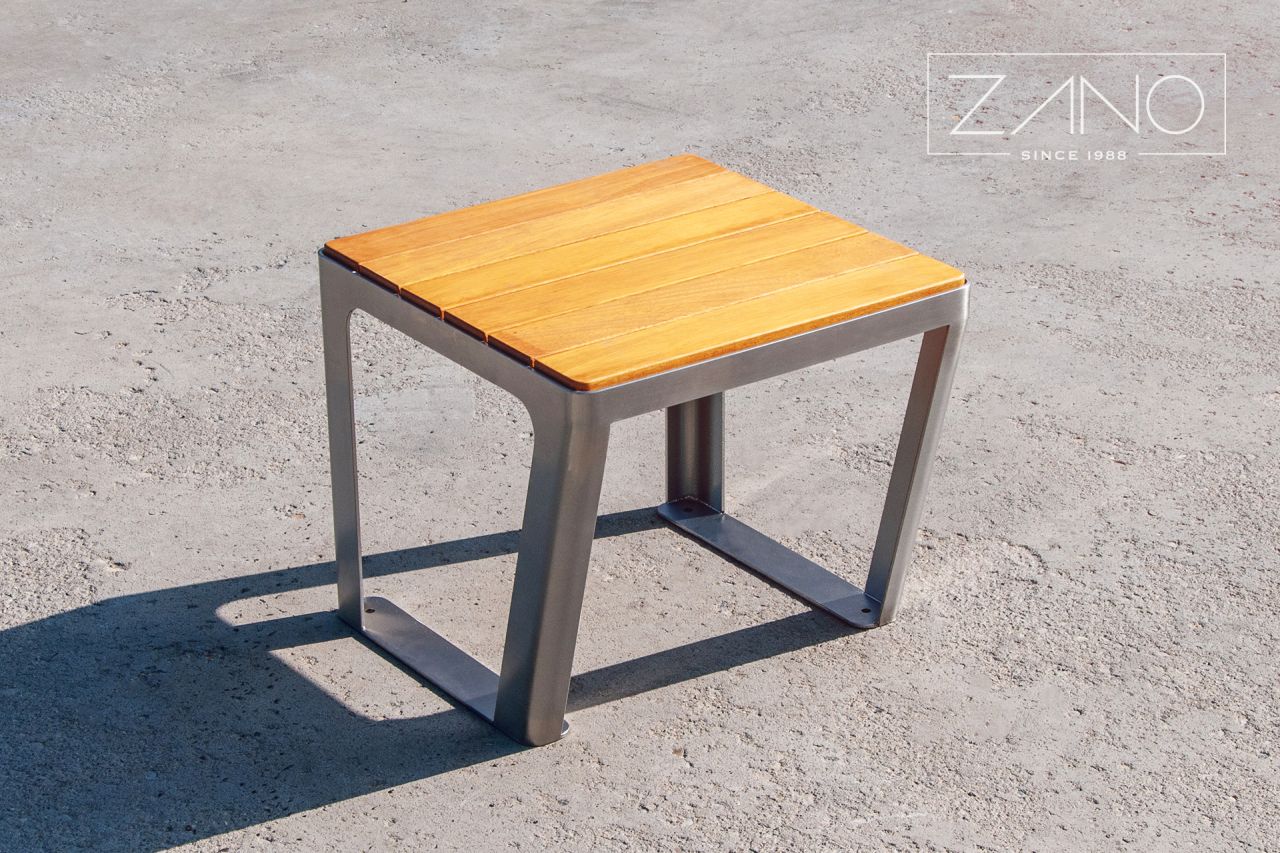 Street furniture seat made of stainless steeel and iroko hardwood