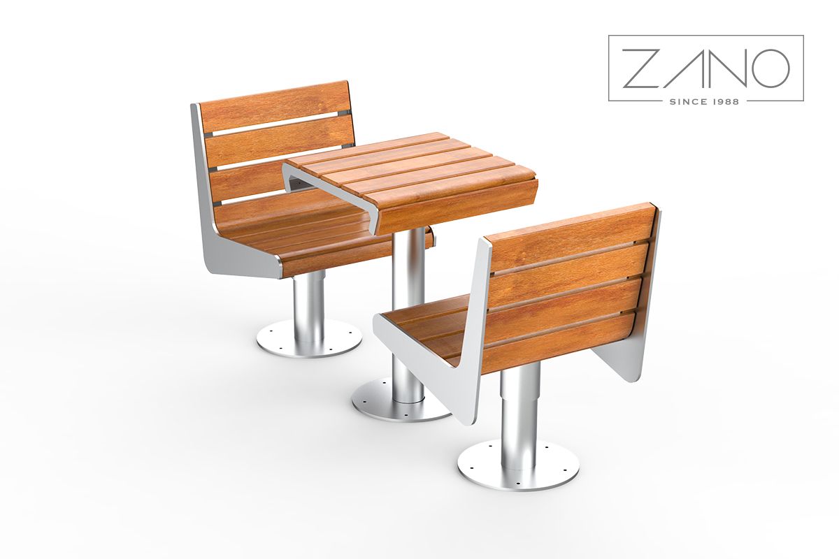 Café tables in steel with wooden tops