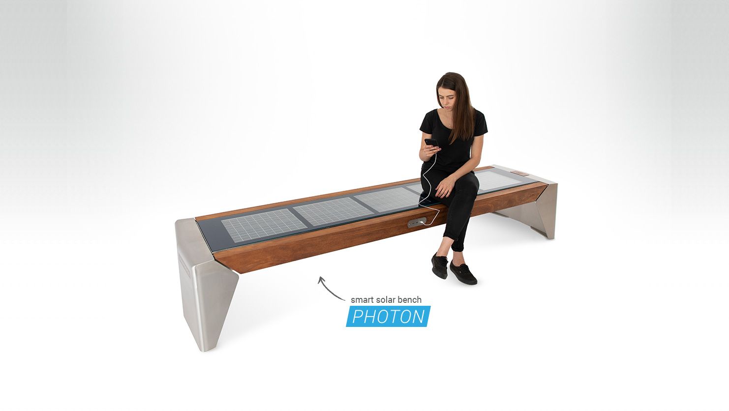 Public solar bench made of stainless steel, exotic wood and tempered glass, selfpowered by photovoltaic panels.