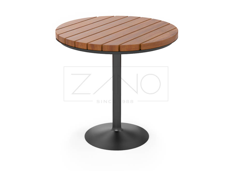 Okrągły stolik kawiarniany wykonany z odlewu żeliwnego i drewnianego blatu